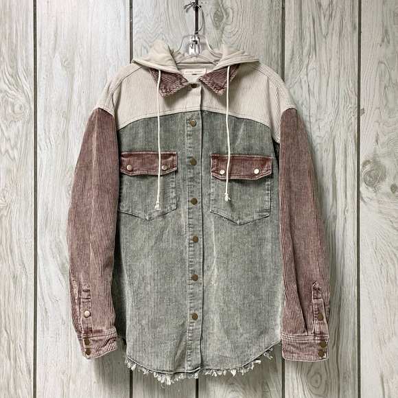 Buckle Gilded Intent Women Multi Washed Colorblock Hooded Snap Corduroy Jacket L - Picture 2 of 4